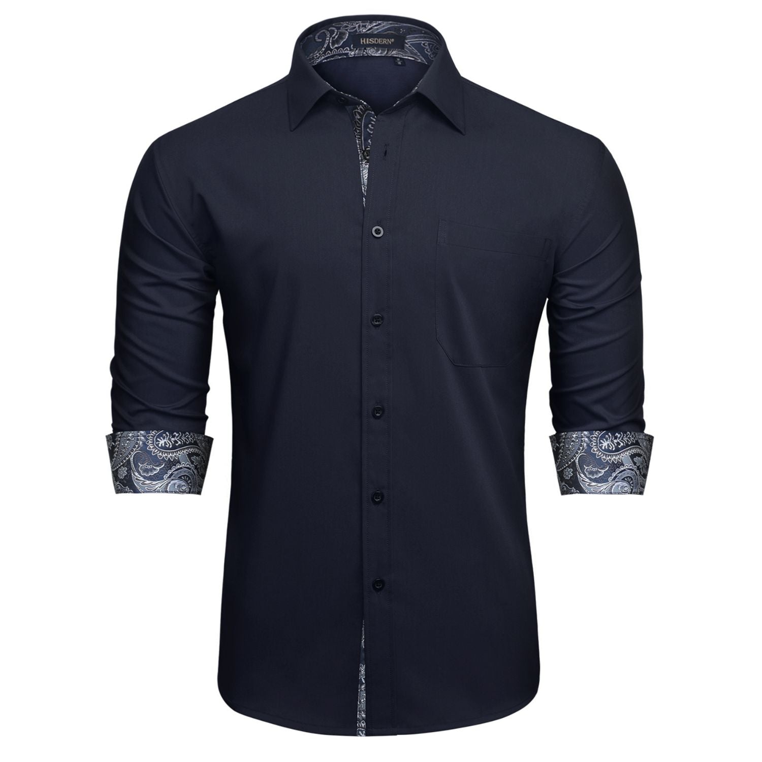 dark navy blue mens dress shirt Hisdern Men's Navy Blue Paisley Splicing Dress Shirt For Office Wear 2XL