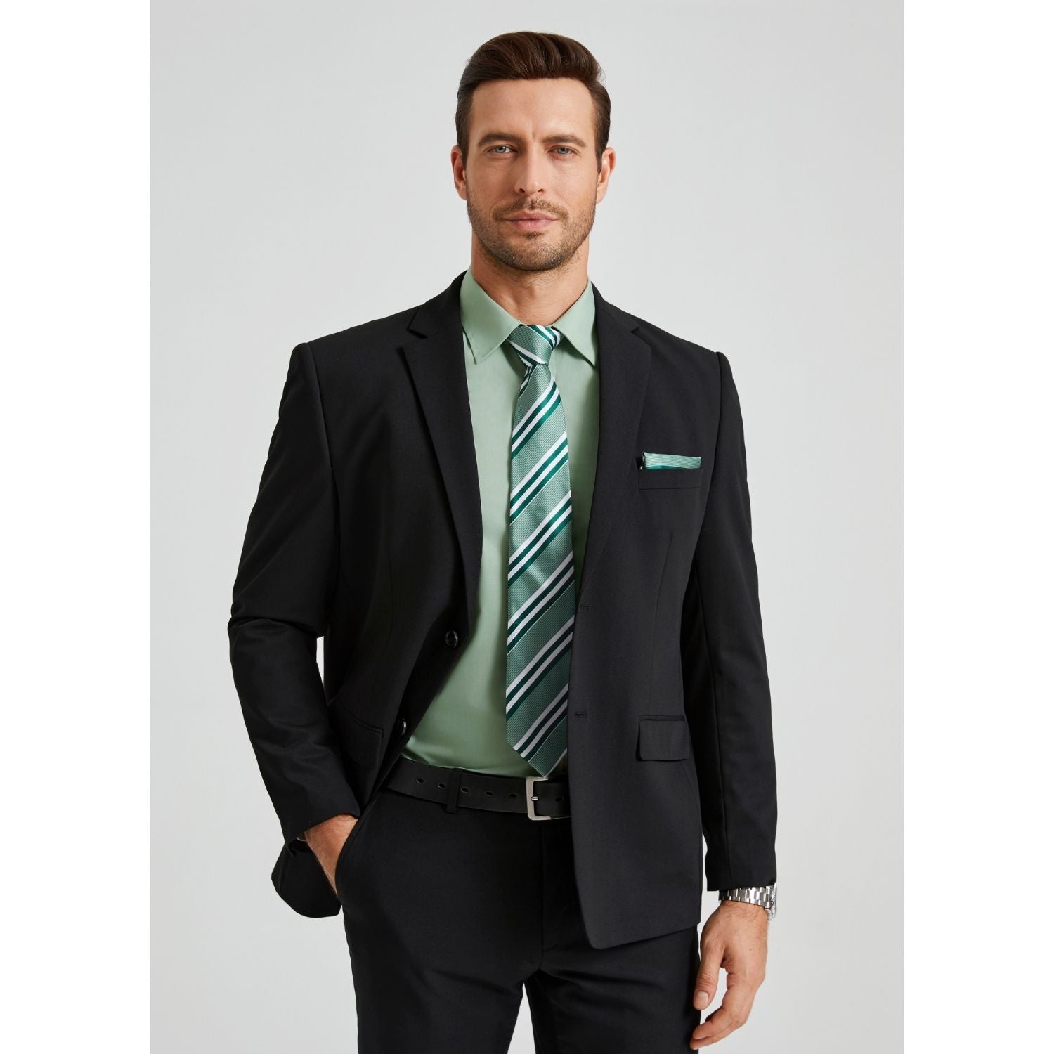 Hisdern Non-iron Sage Green Dress Shirt and Striped Tie