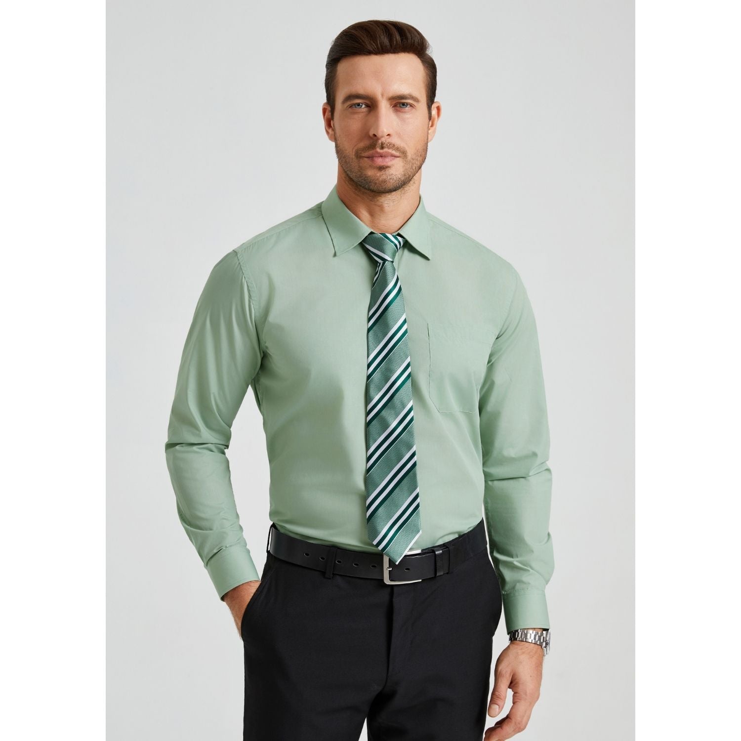 Hisdern Non-iron Sage Green Dress Shirt and Striped Tie