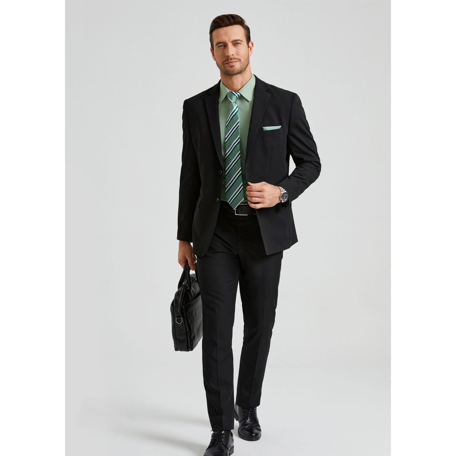 Hisdern Non-iron Sage Green Dress Shirt and Striped Tie