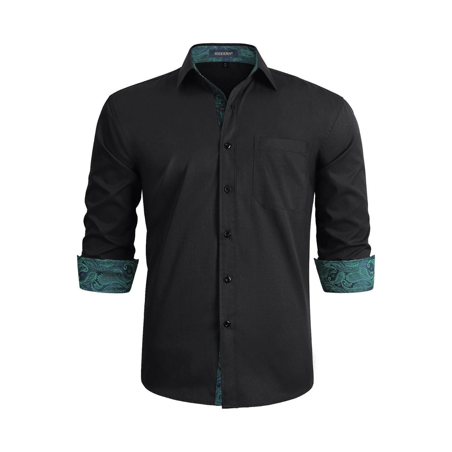 Hisdern Men's Black Green Splicing Dress Shirt For Office Wear 3XL