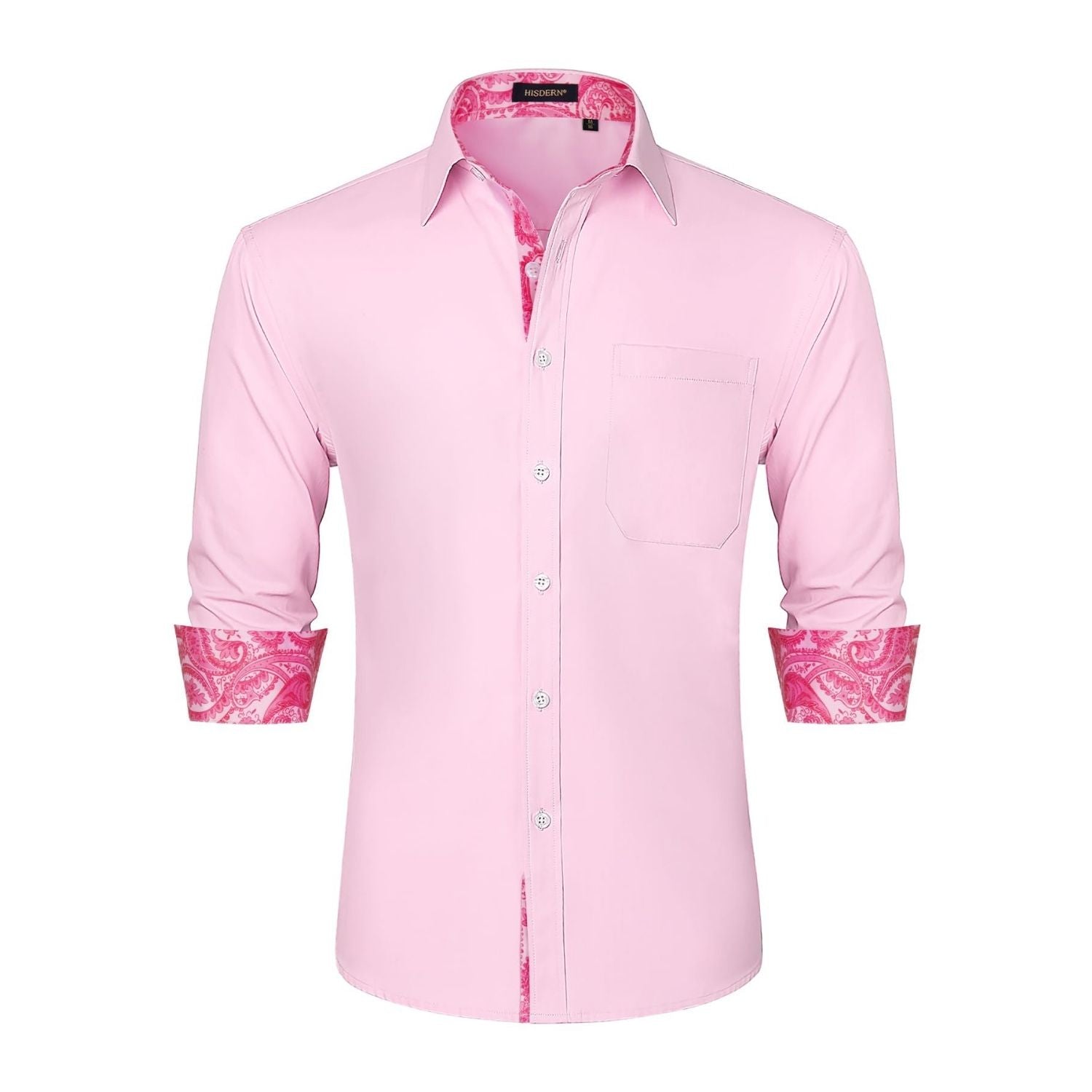 Hisdern Men's Hot Pink Splicing Dress Shirt For Office Wear