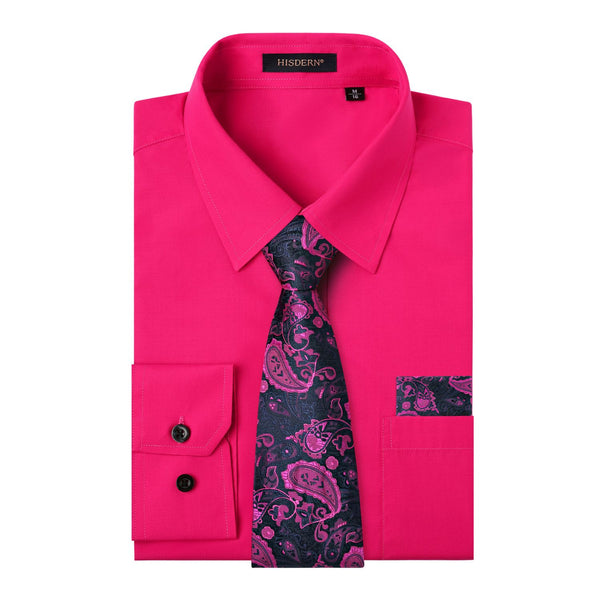 Men's Shirt with Tie Handkerchief Set - 05-HOT PINK