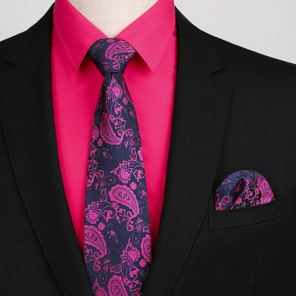 Men's Shirt with Tie Handkerchief Set - 05-HOT PINK
