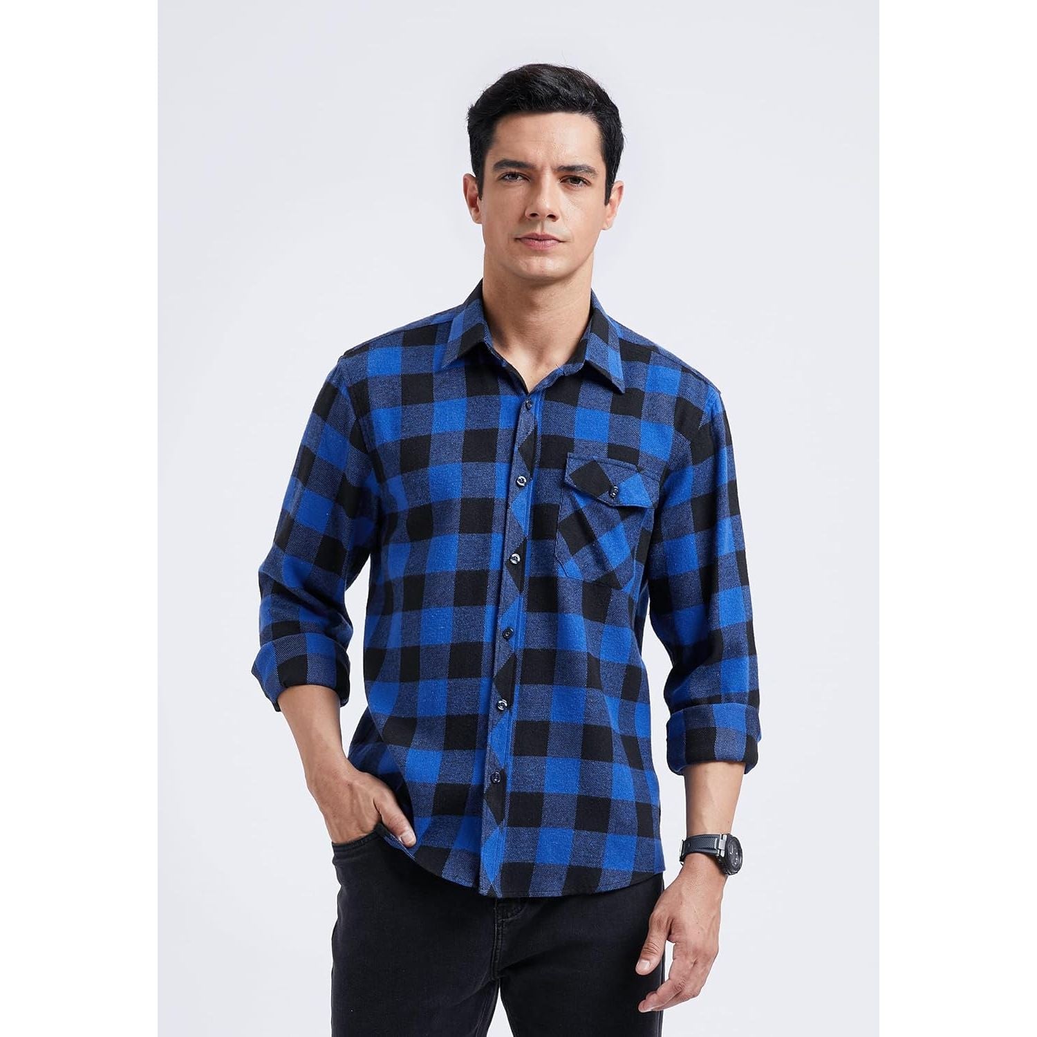 Hisdern Men's Long Sleeve Plaid Shirt Blue Casual Button-Up