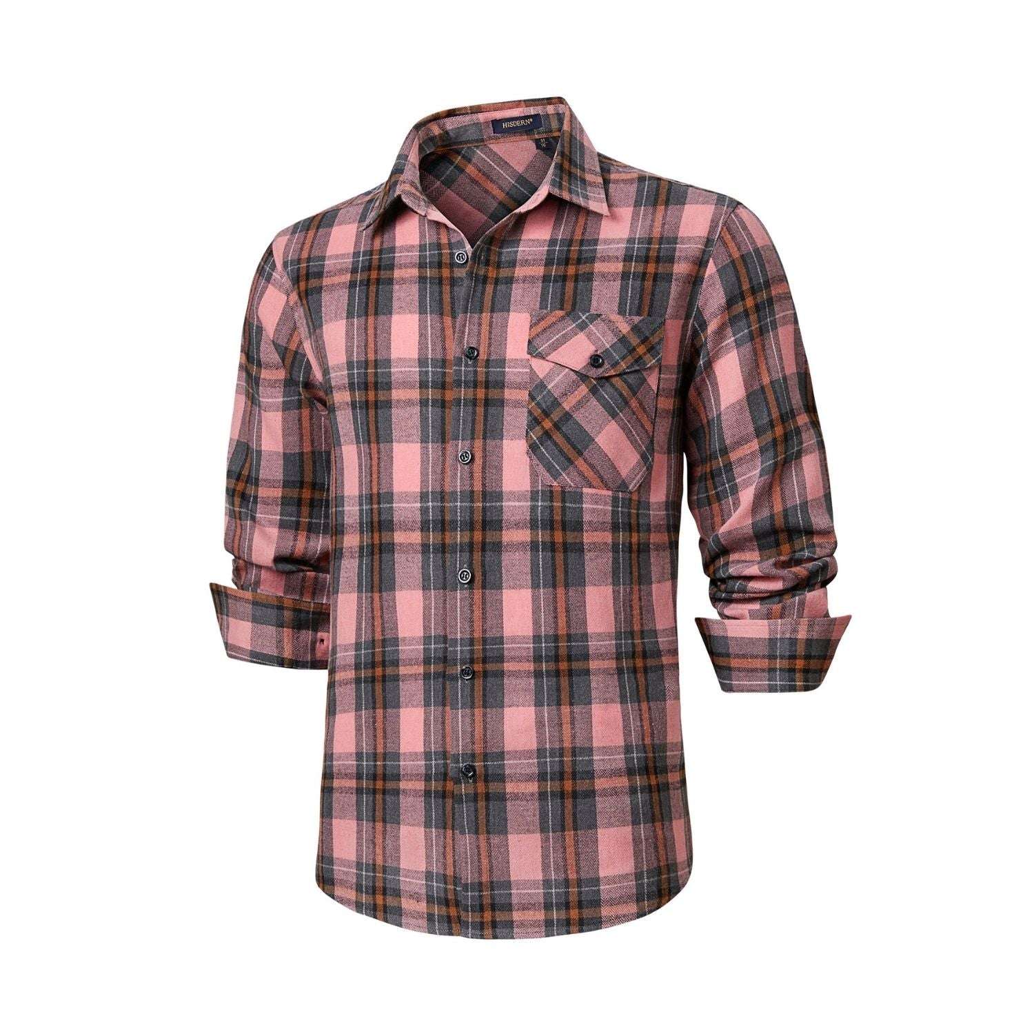 Hisdern Men's Casual Warm Plaid Flannel Shirt Pink with Pocket M