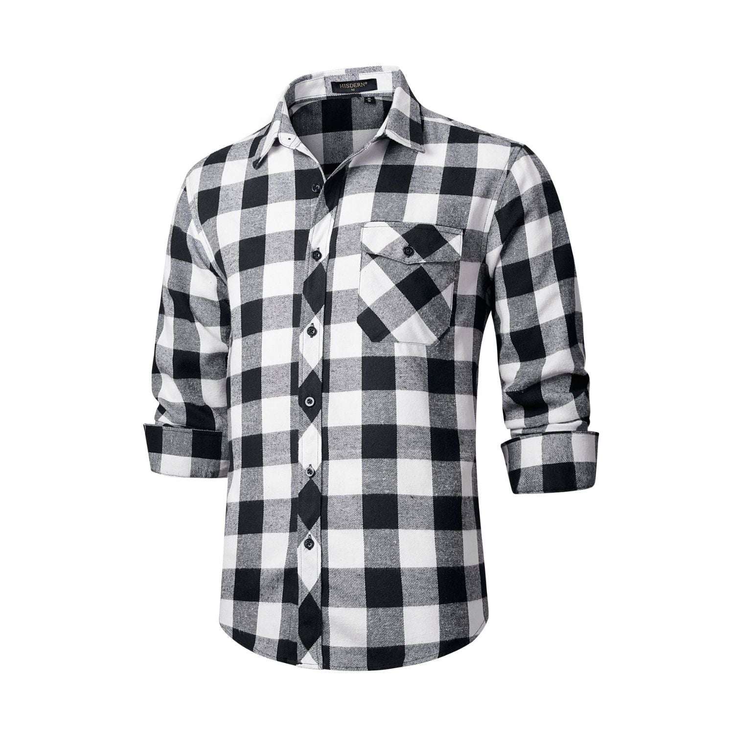 Hisdern Men's Casual Warm Plaid Flannel Shirt Black White With Pocket