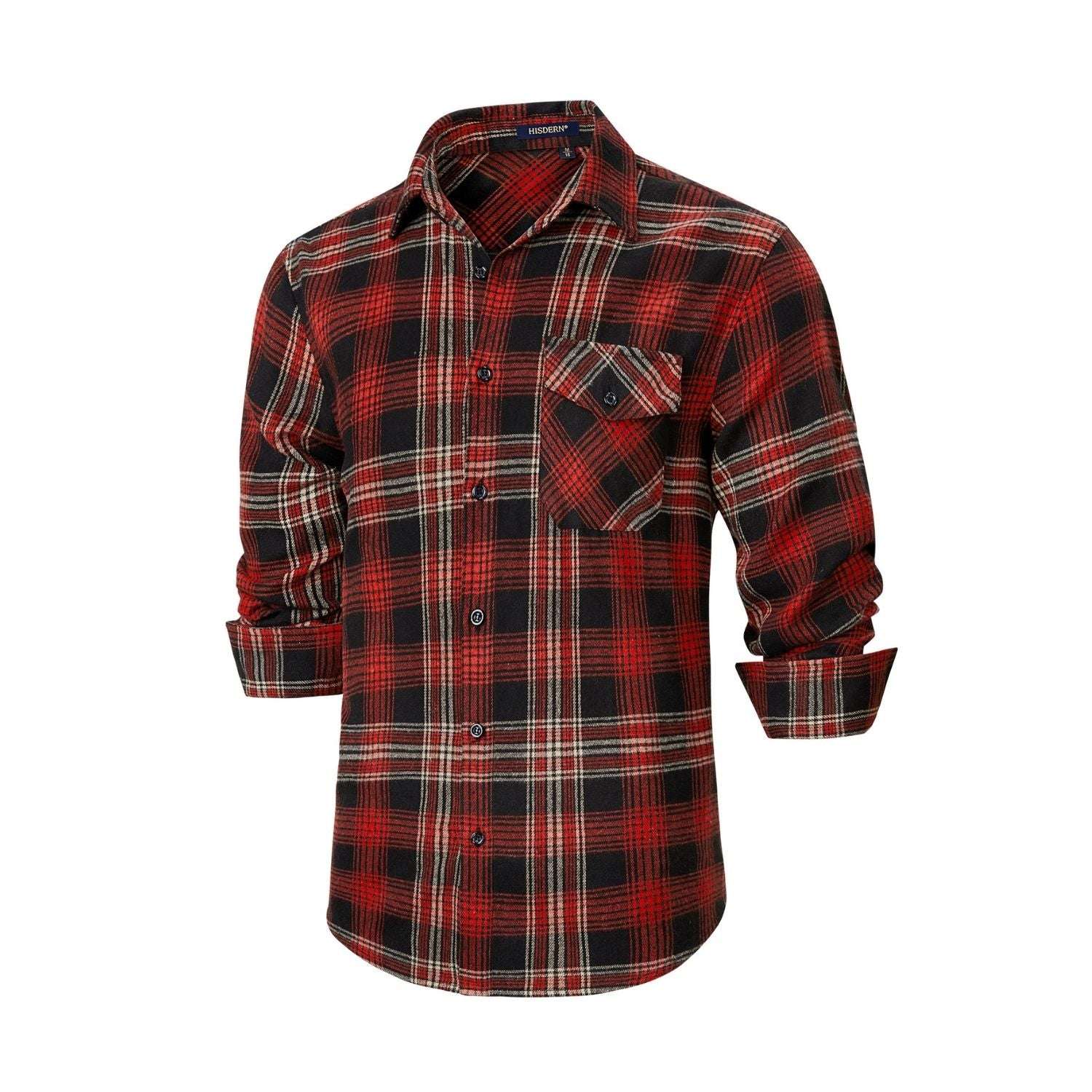 Hisdern Men's Casual Warm Plaid Flannel Shirt Black Burgundy With Pocket 2XL