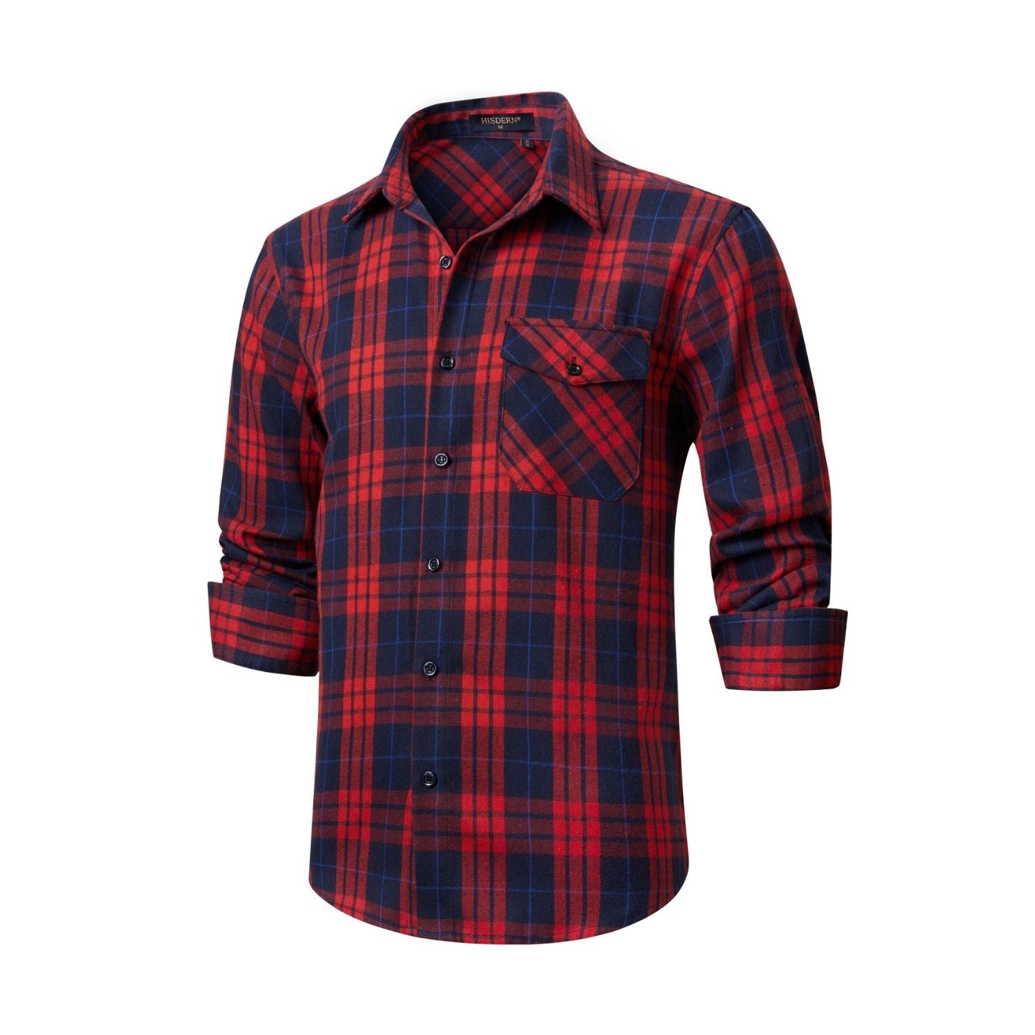 Hisdern Men's Casual Warm Plaid Flannel Shirt Red Navy With Pocket