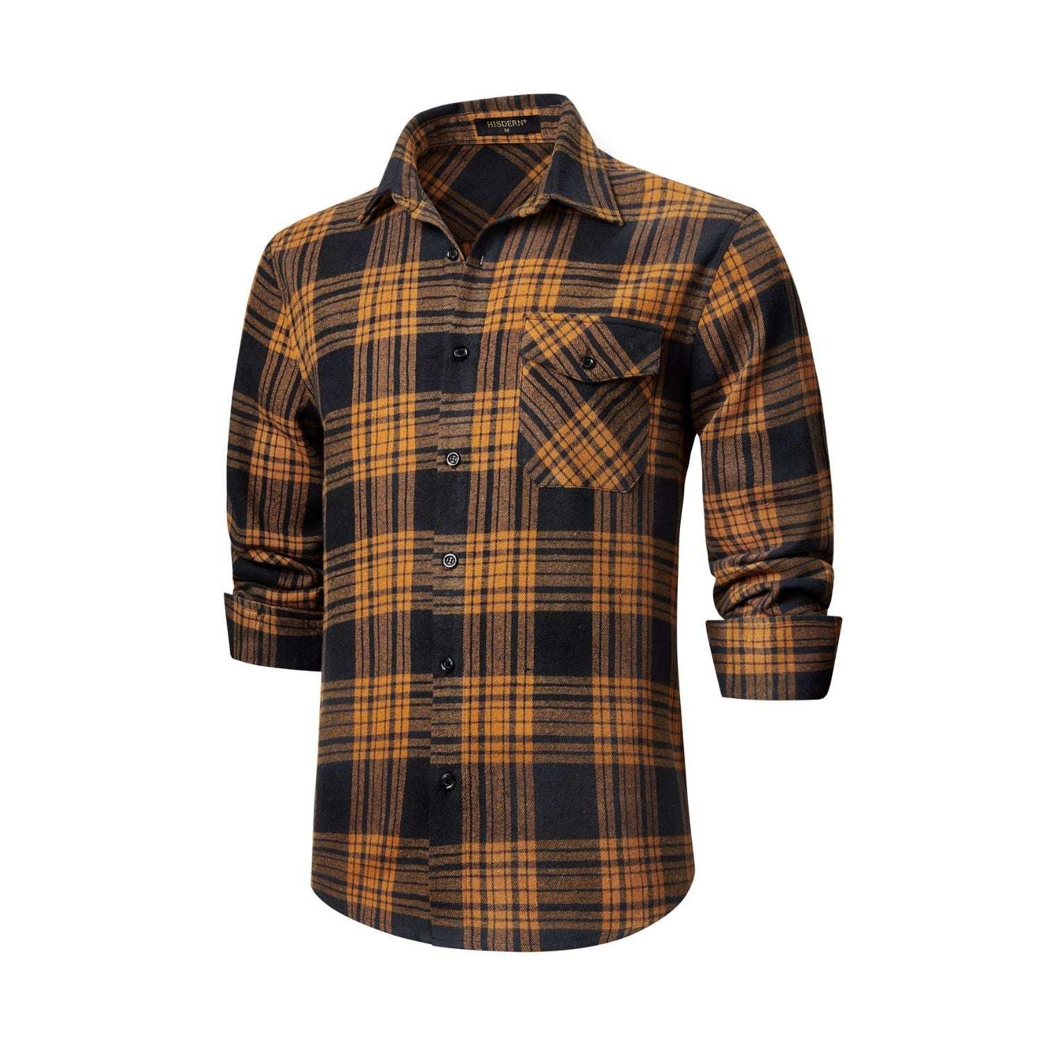 Hisdern Men's Casual Warm Plaid Flannel Shirt Navy Caramel With Pocket