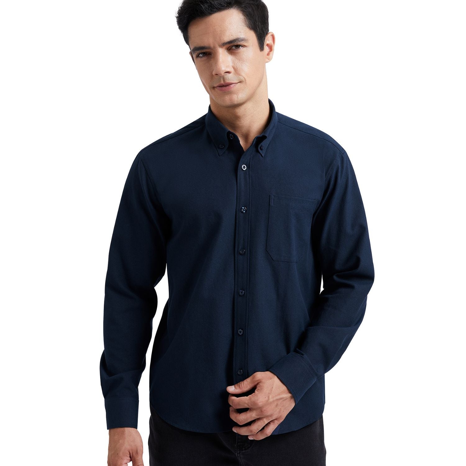 Hisdern Men's Navy Blue Oxford Shirts with Chest Pocket Formal Office S