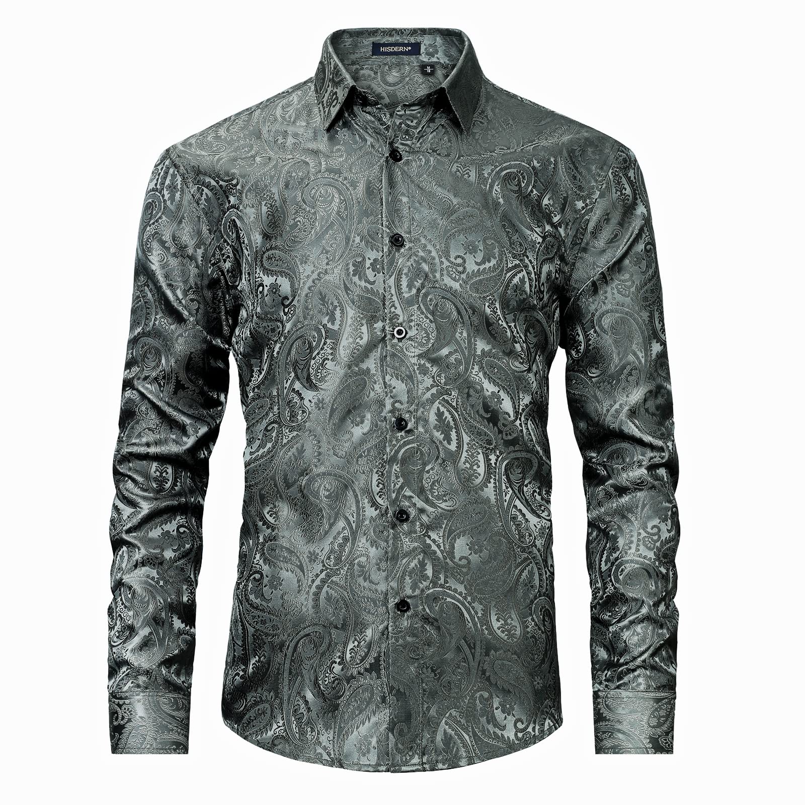 chinese dress ladies Hisdern Men's Long Sleeve Grey Shinny Shirt Comfort Fit for Party XL