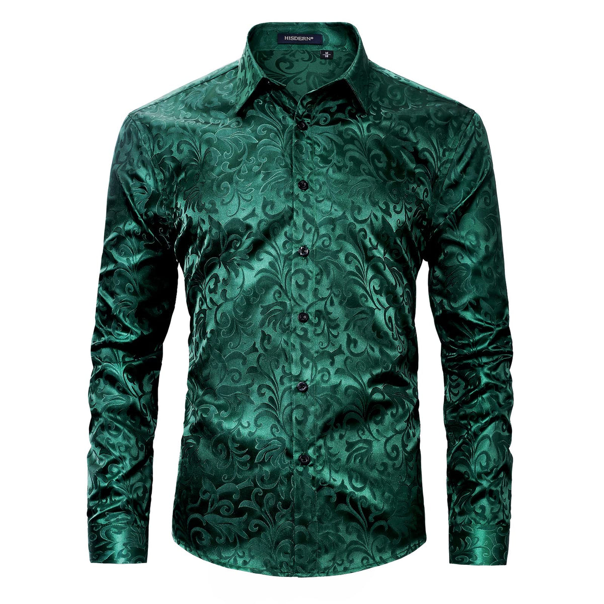 Hisdern Men's Long Sleeve Green Shinny Shirt Comfort Fit for Party L