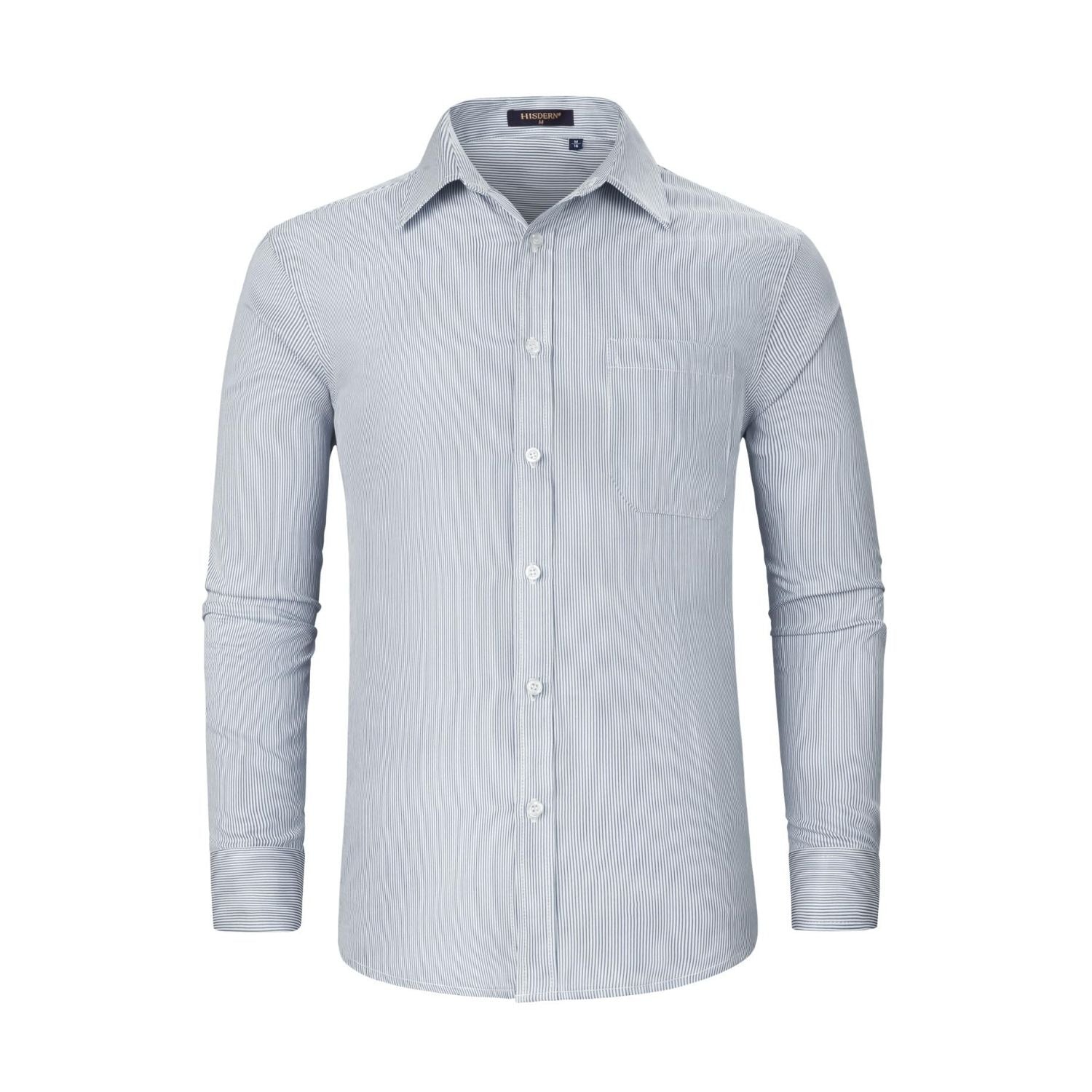 Hisdern Men's Grey Striped Casual Long Sleeve Shirt Comfort Fit