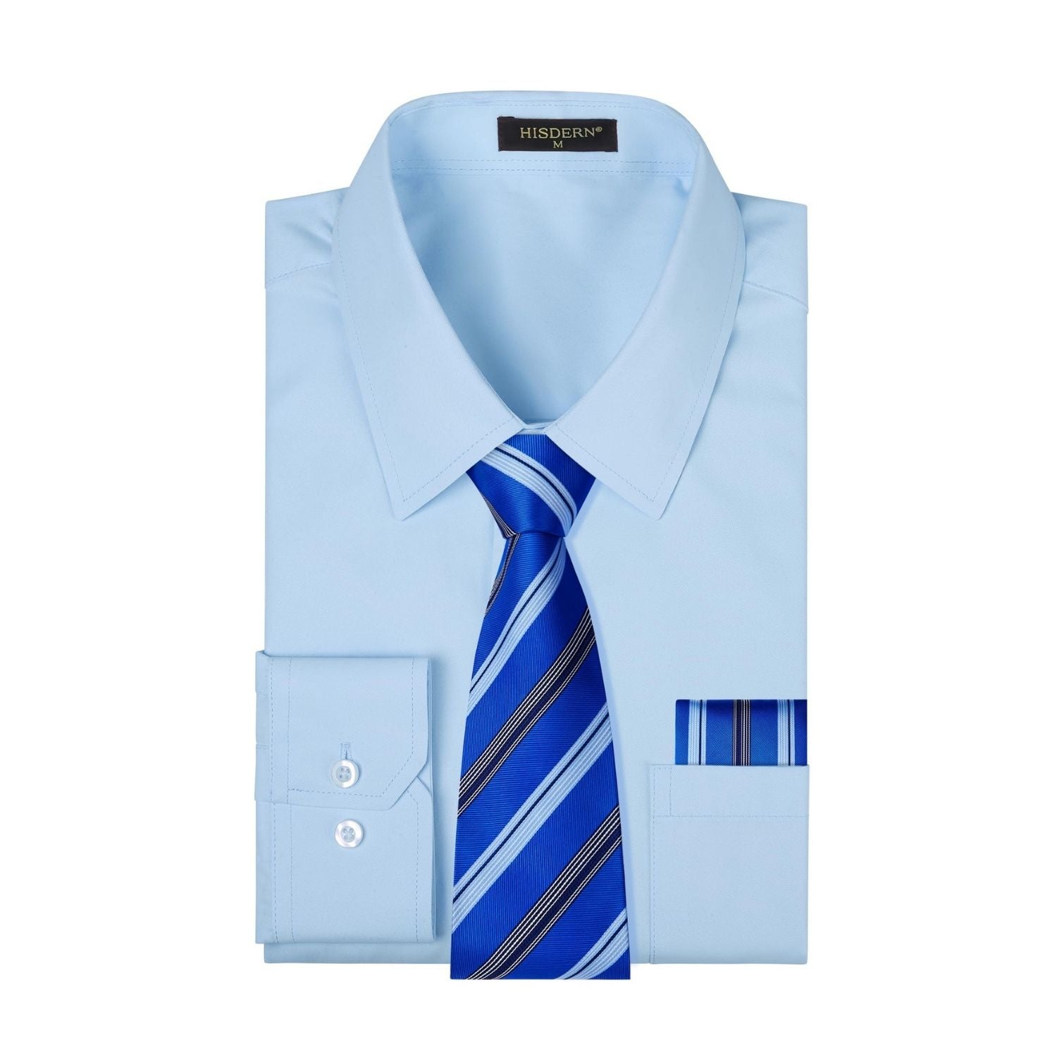 Hisdern Non-Iron Blue Light Dress Shirt and Striped Tie S