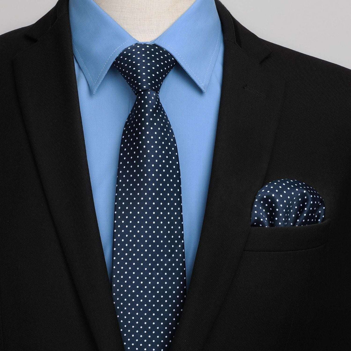 blue dress shirt and tie Hisdern Non-iron Navy Polka Dot Size:12.5M LowStock:43841318158387 Pocket Square Set for Classic Black Suit with