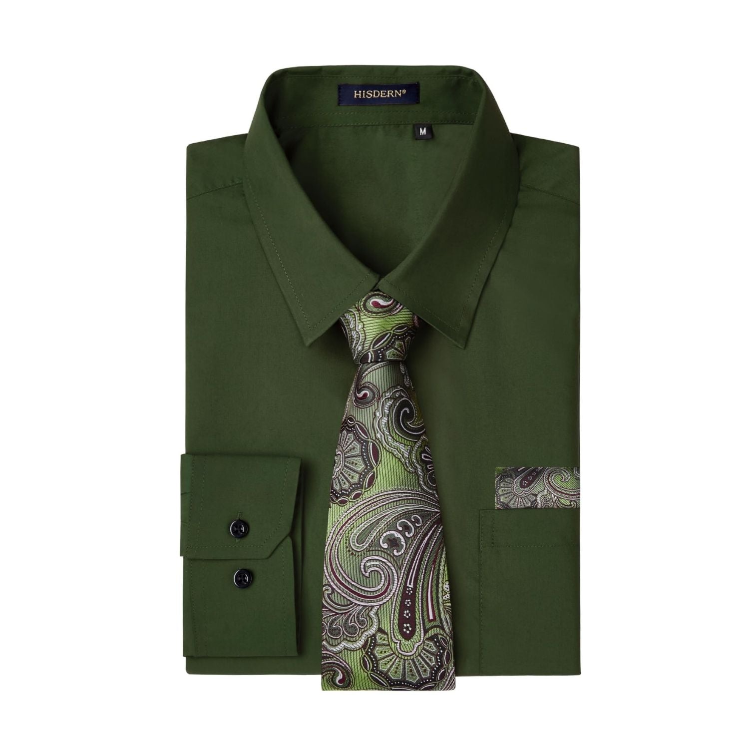 Hisdern Wrinkle-resistant Green Army Dress Shirt and Paisley Tie Hisdern Wrinkle-resistant Green Army Dress Shirt and Paisley Tie
