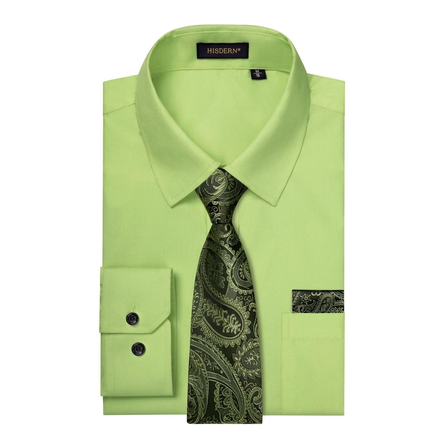 Hisdern Wrinkle-resistant Green Black Dress Shirt and Paisley Tie