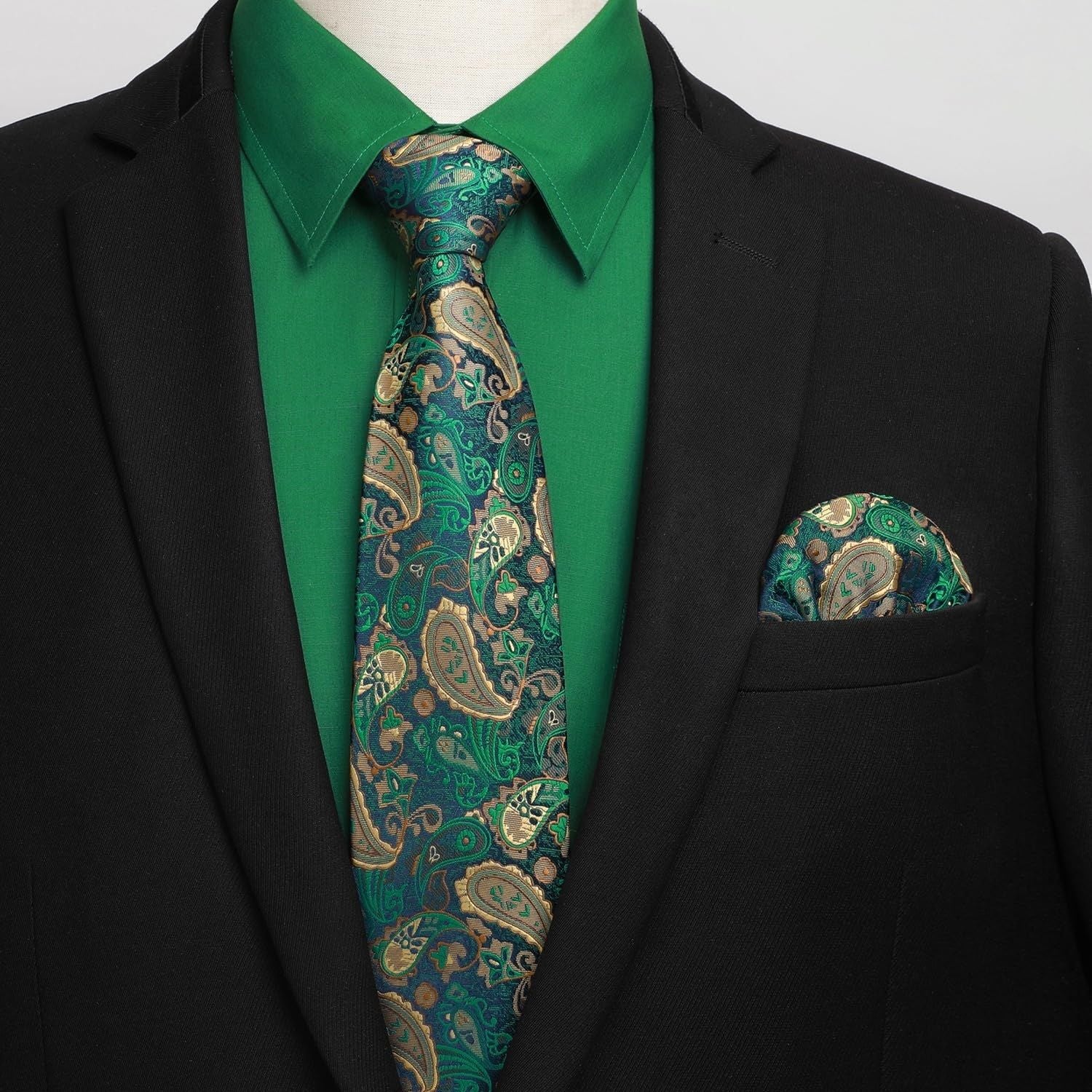 slim fit dress slacks Hisdern Wrinkle-Resistant Green Dress Shirt and Paisley Tie 3XL