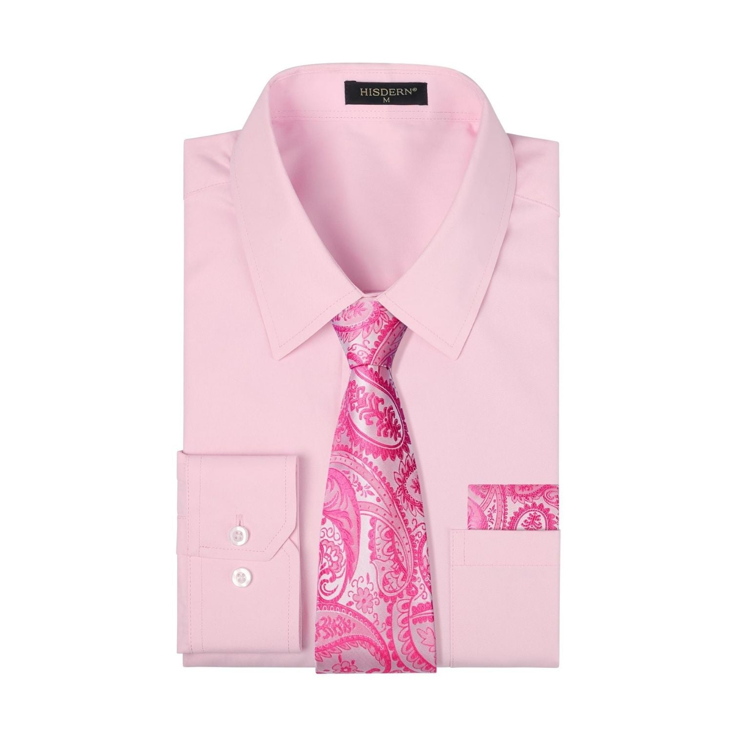 Hisdern Wrinkle-Resistant Pink Dress Shirt and Paisley Tie S
