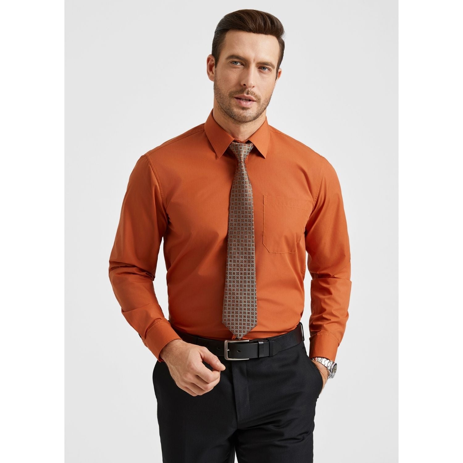 Hisdern Wrinkle-resistant Orange Dress Shirt and Matching Checked Tie