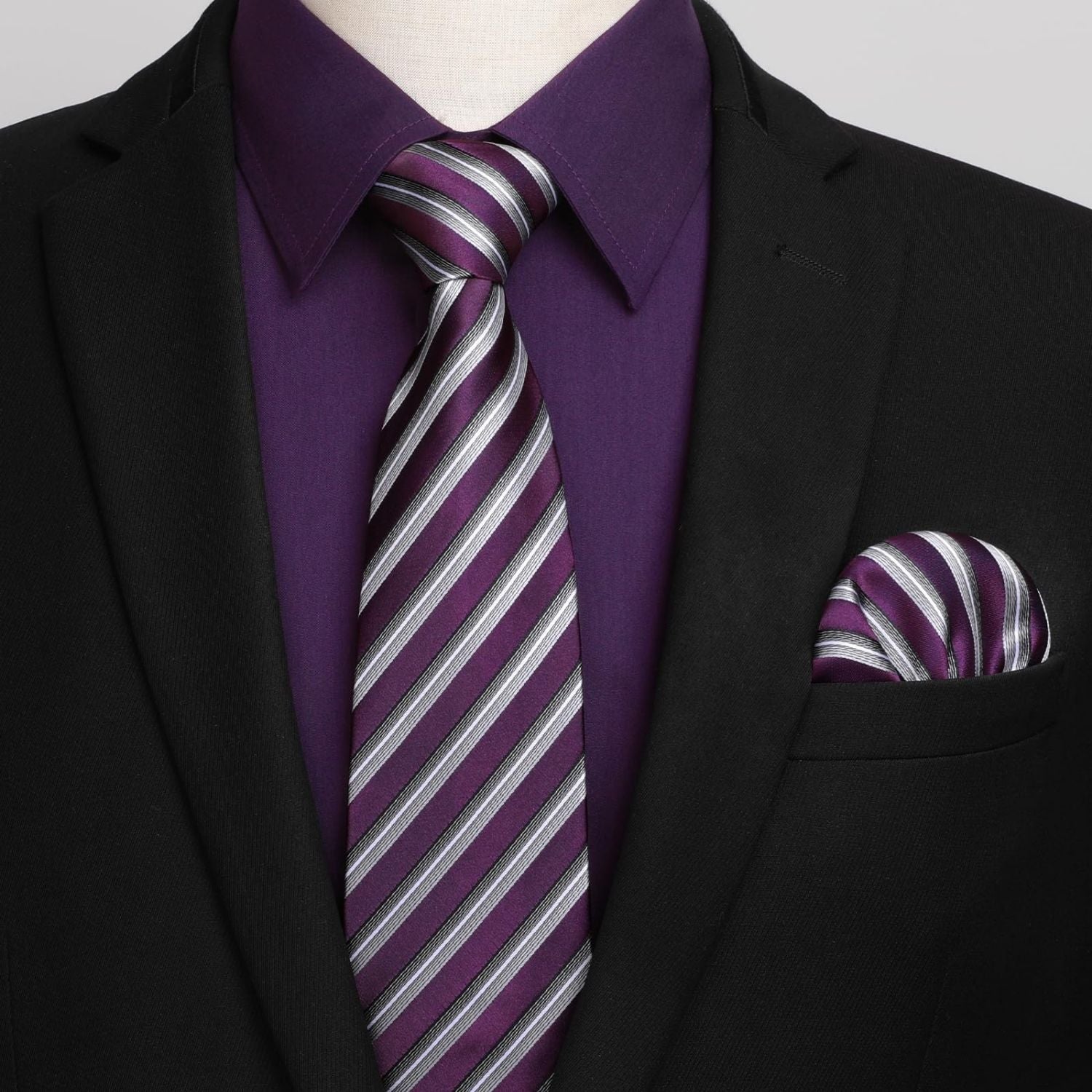 Hisdern Non-Iron Purple Dress Shirt and Striped Tie L