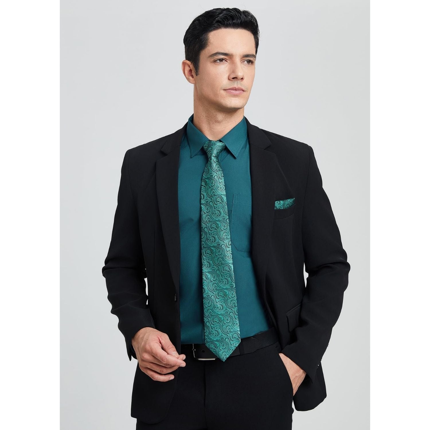 Hisdern Wrinkle-resistant Teal Dress Shirt and Paisley Tie