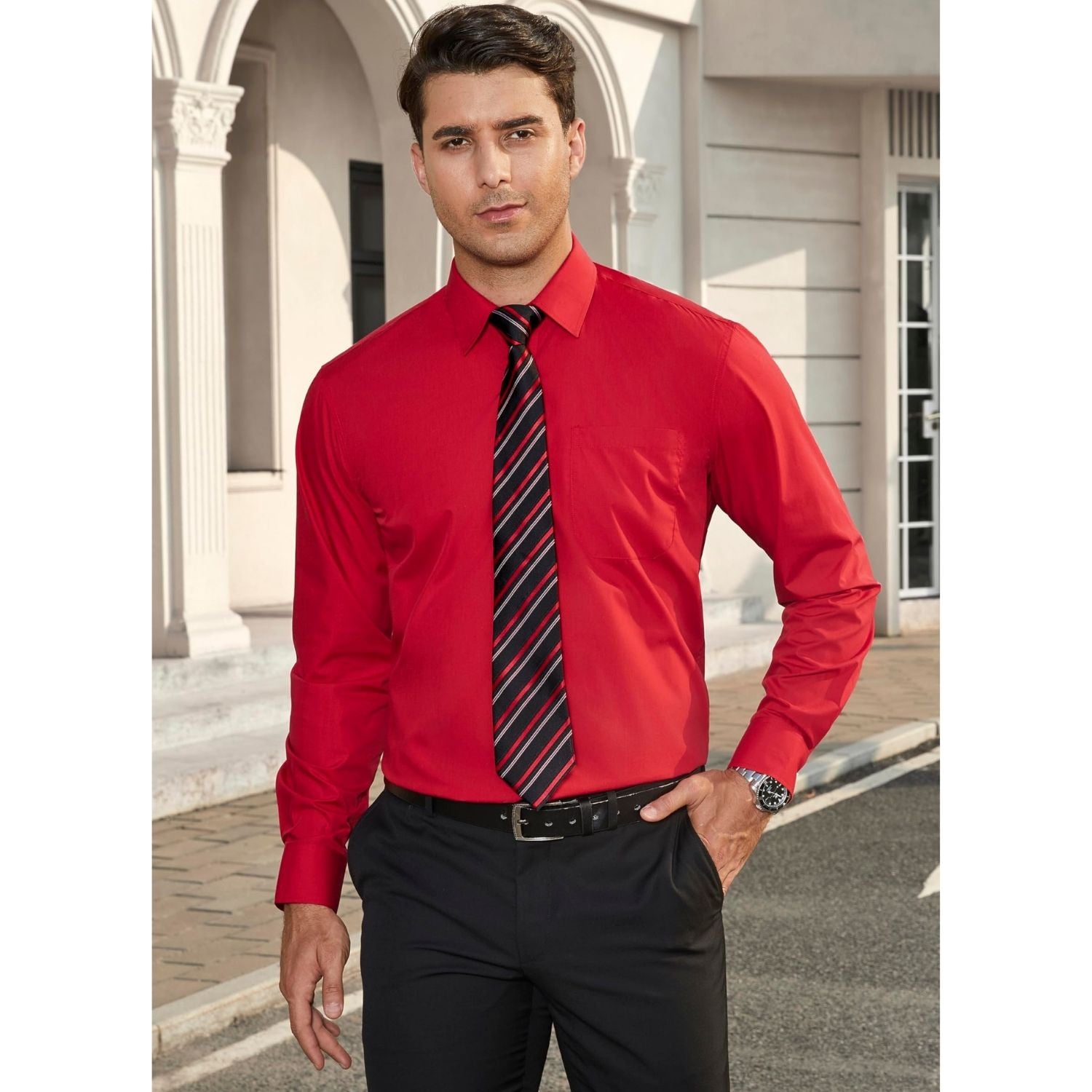 Hisdern Non-iron Red Dress Shirt and Striped Tie