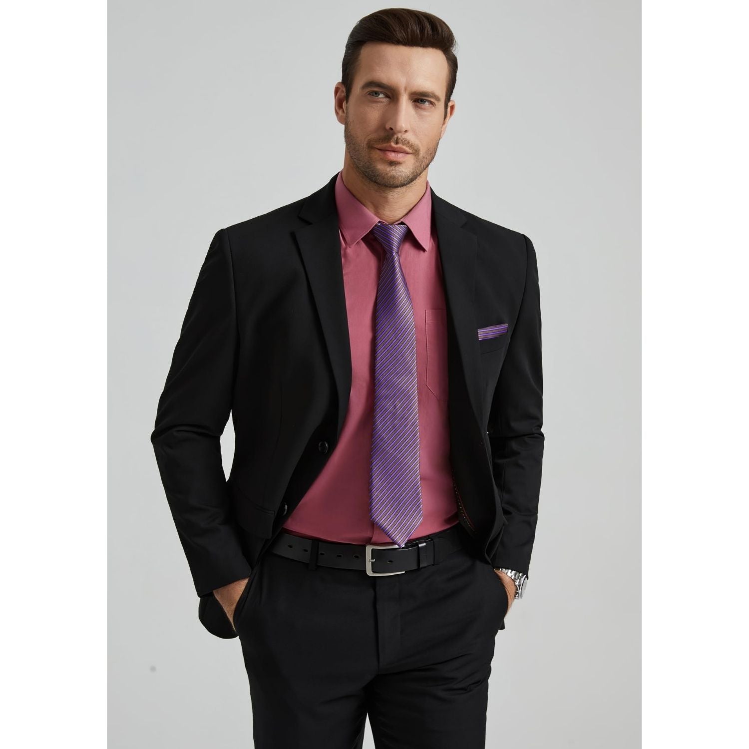 Hisdern Non-iron Rose Pink Dress Shirt and Striped Tie