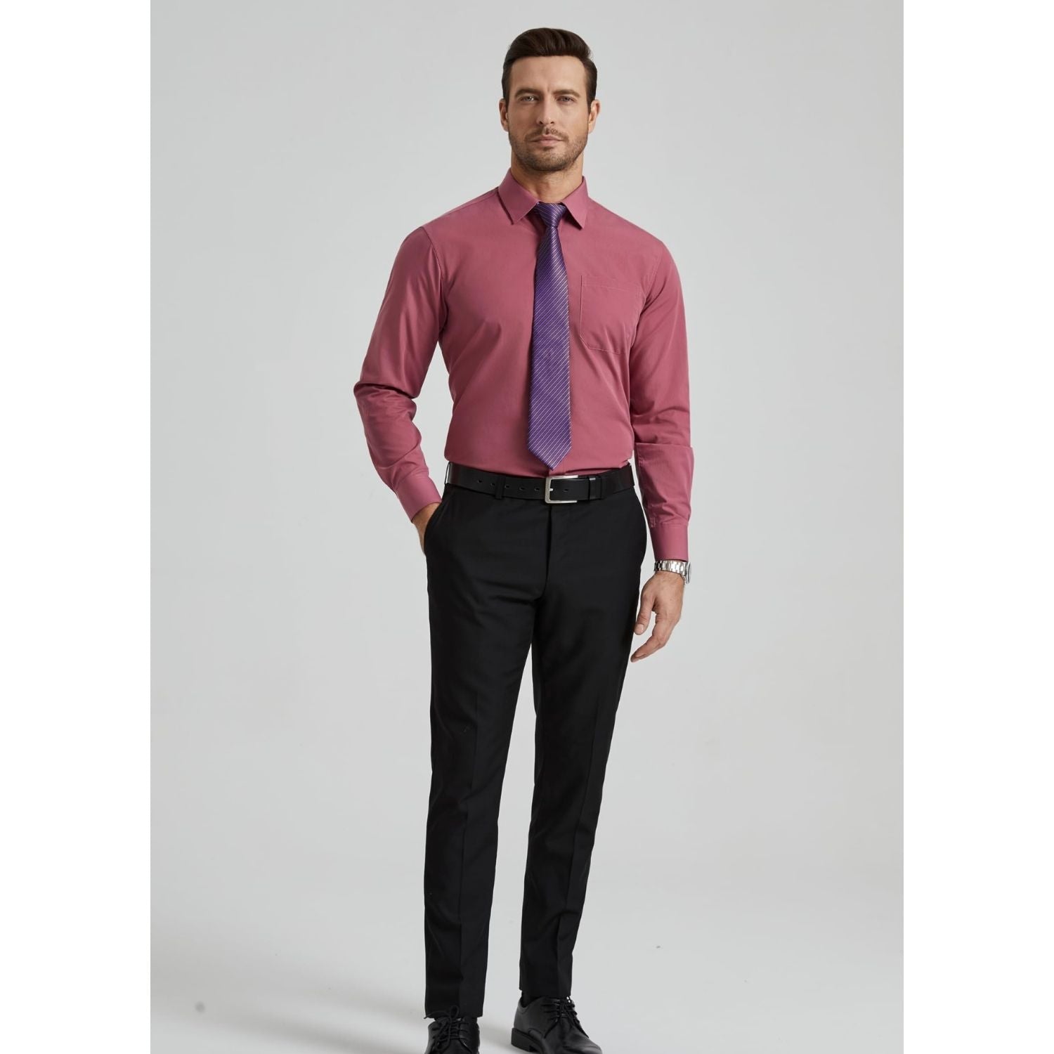 Hisdern Non-iron Rose Pink Dress Shirt and Striped Tie