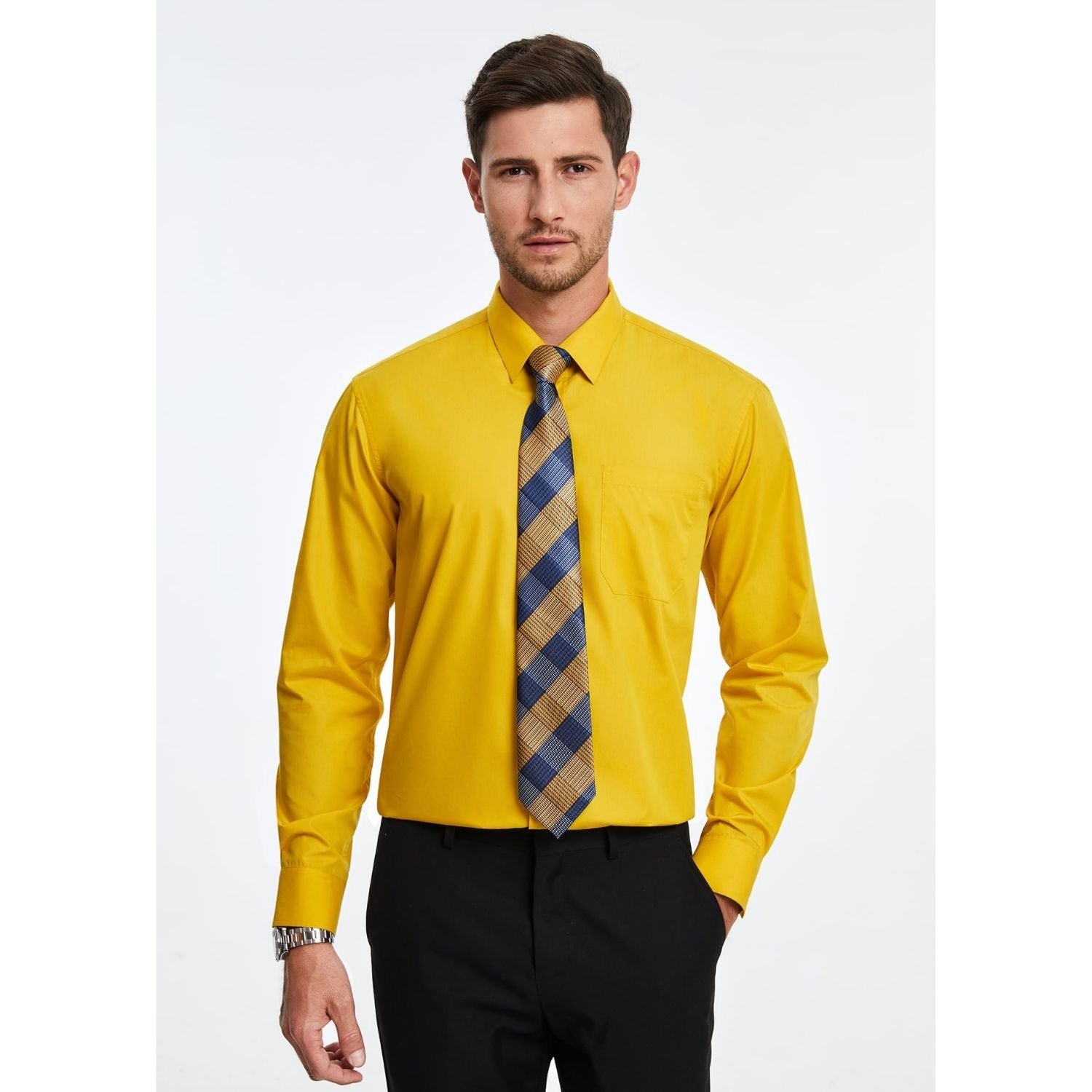 Hisdern Wrinkle-resistant Yellow Dress Shirt and Matching Checked Tie