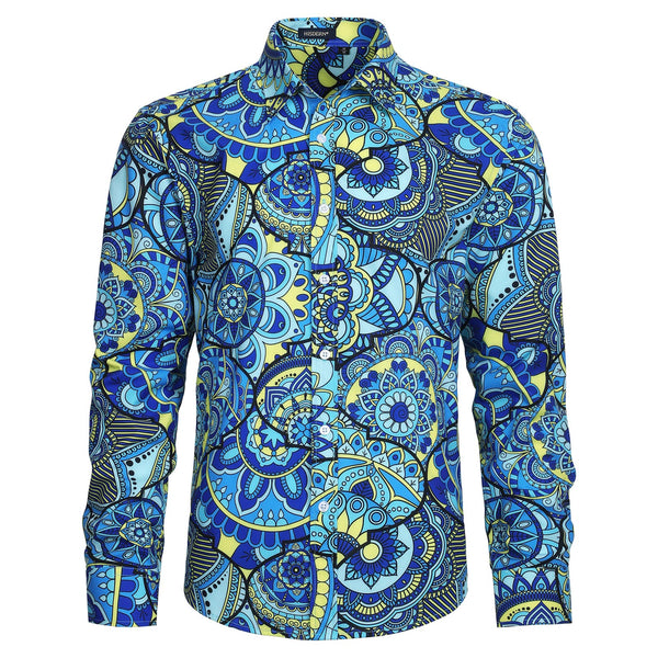 Men's Long Sleeve Shirt With Printing - BLUE/YELLOW