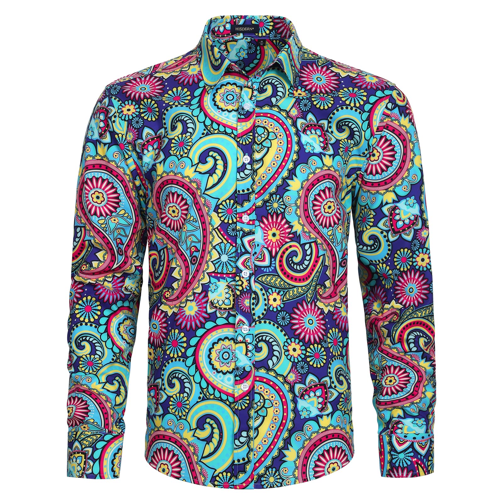 colorful men's dress shirts Hisdern Men's Long Sleeve Blue Pink Shinny Shirt Comfort Fit for Party M