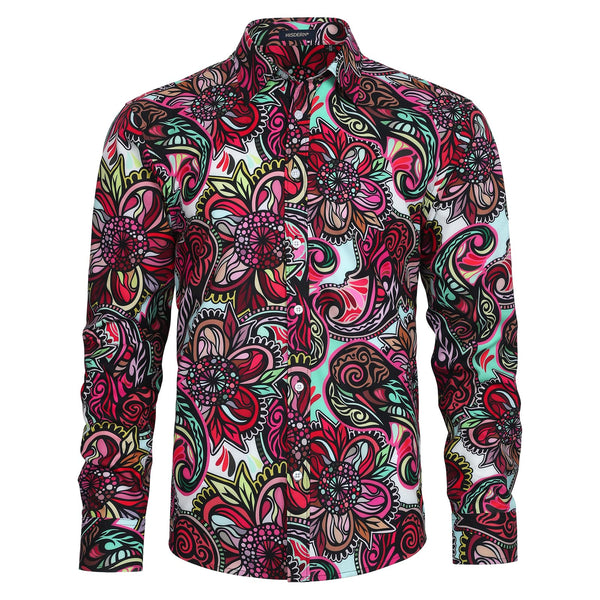 Men's Long Sleeve Shiny Shirt With Printing - RED