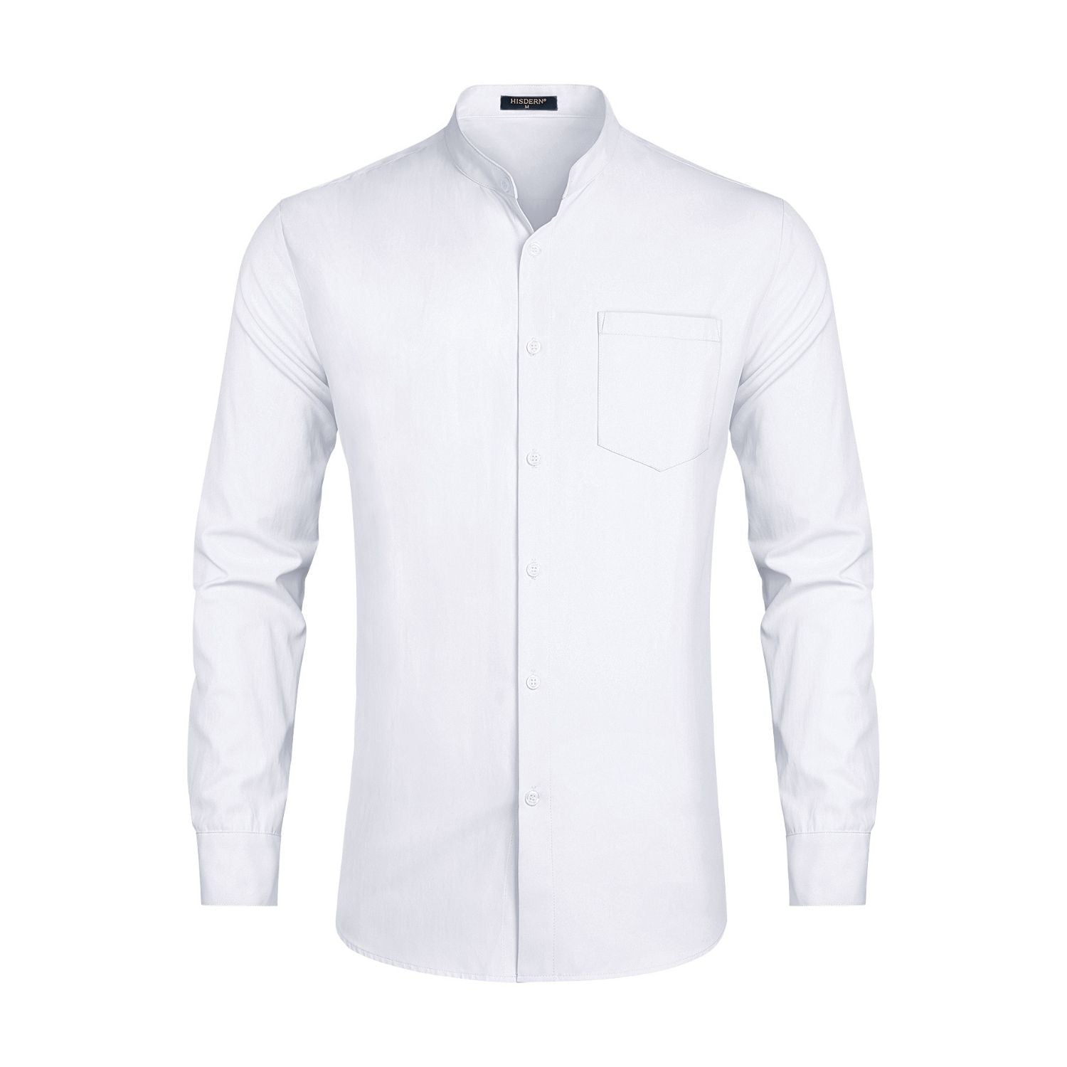 Hisdern Men's White Grandad Collar Shirt Wedding Regular Fit with Pock