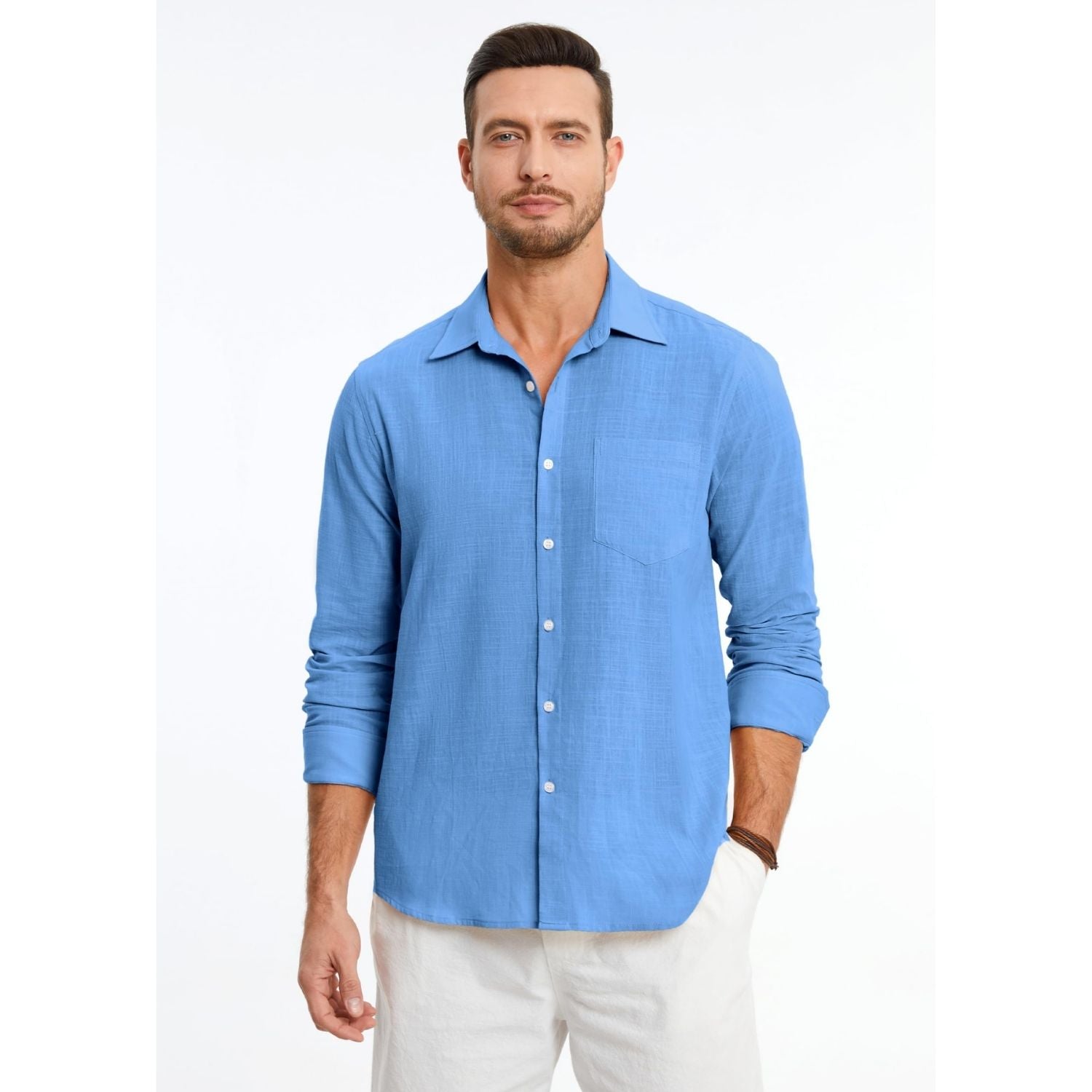 Hisdern Men's Long Sleeve Sky Blue Casual Linen Shirts for Summer Beach