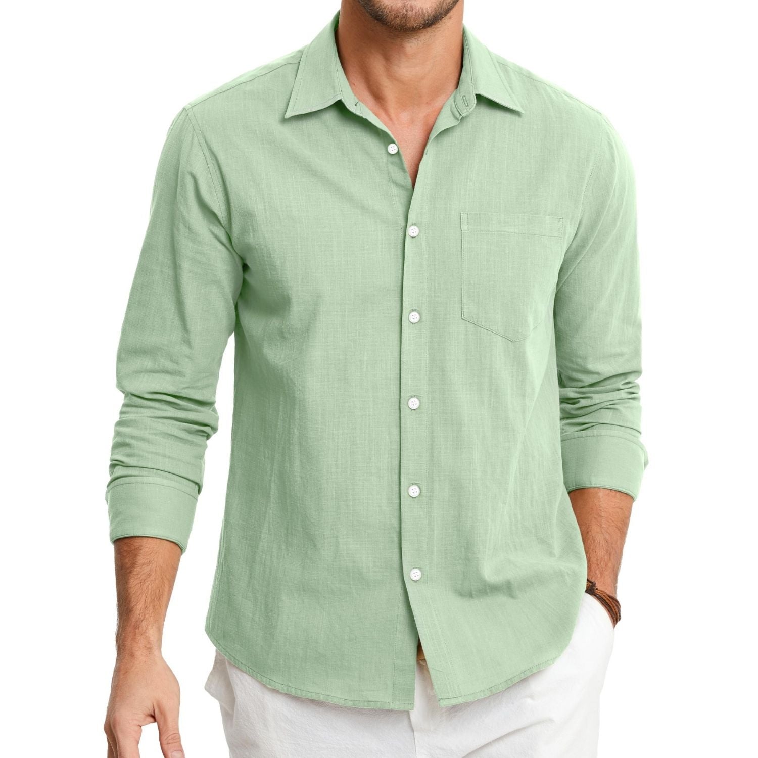 Hisdern Men's Long Sleeve Sage Green Casual Linen Shirts for Summer Beach