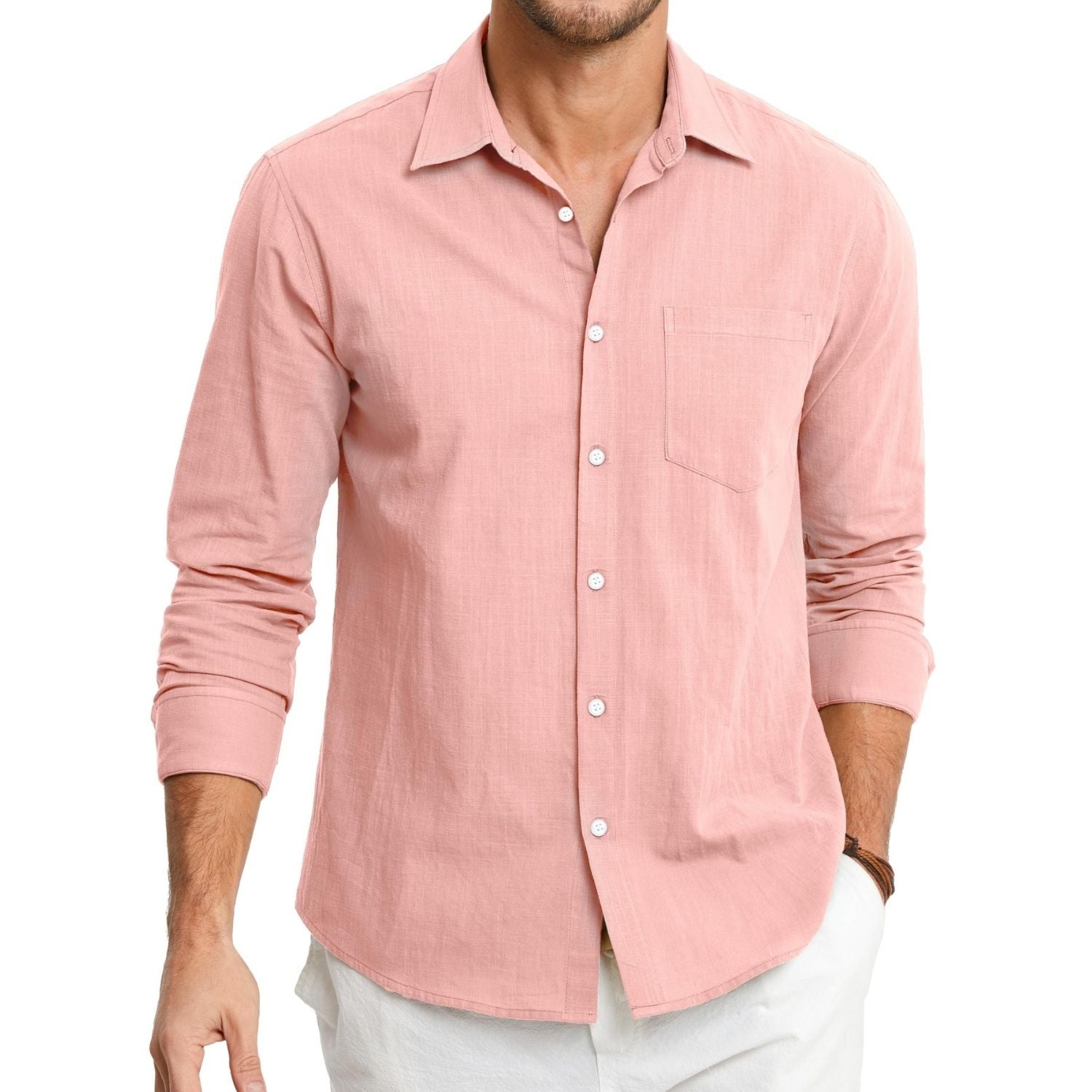 Hisdern Men's Long Sleeve Dusty Pink Casual Linen Shirts for Summer Beach