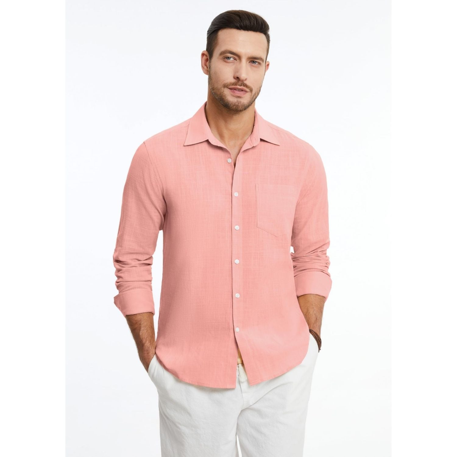 Hisdern Men's Long Sleeve Dusty Pink Casual Linen Shirts for Summer Beach