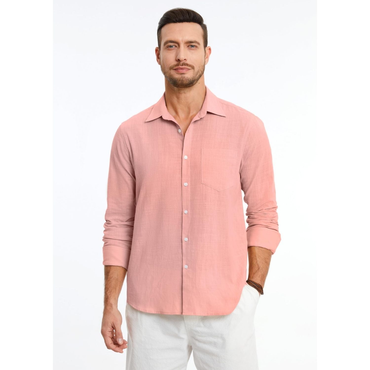 Hisdern Men's Long Sleeve Dusty Pink Casual Linen Shirts for Summer Beach
