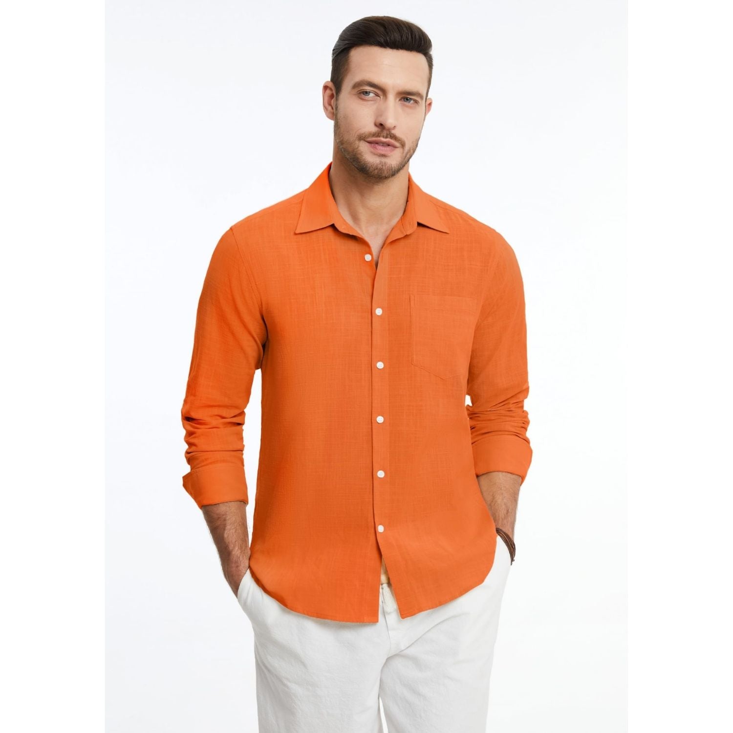 Hisdern Men's Long Sleeve Orange Casual Linen Shirts for Summer Beach