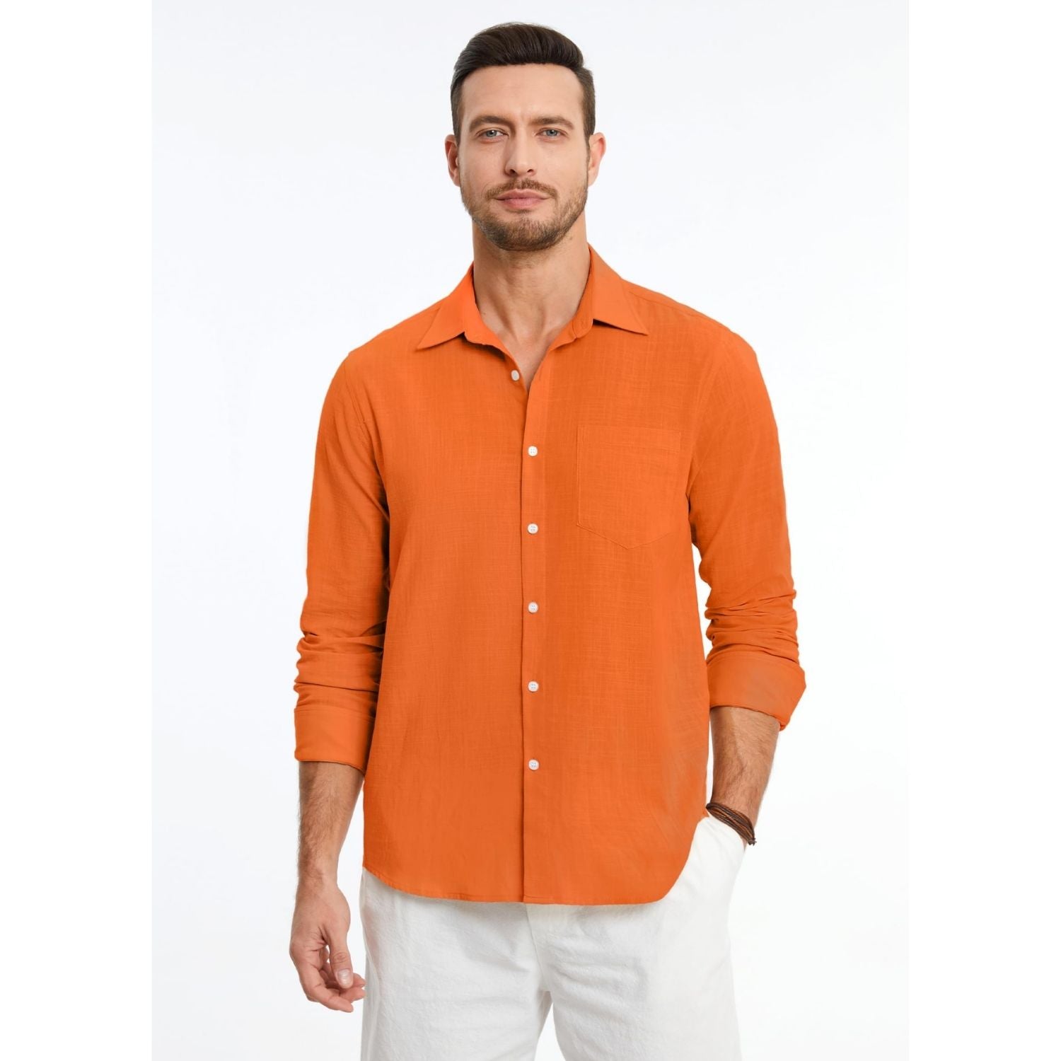 Hisdern Men's Long Sleeve Orange Casual Linen Shirts for Summer Beach