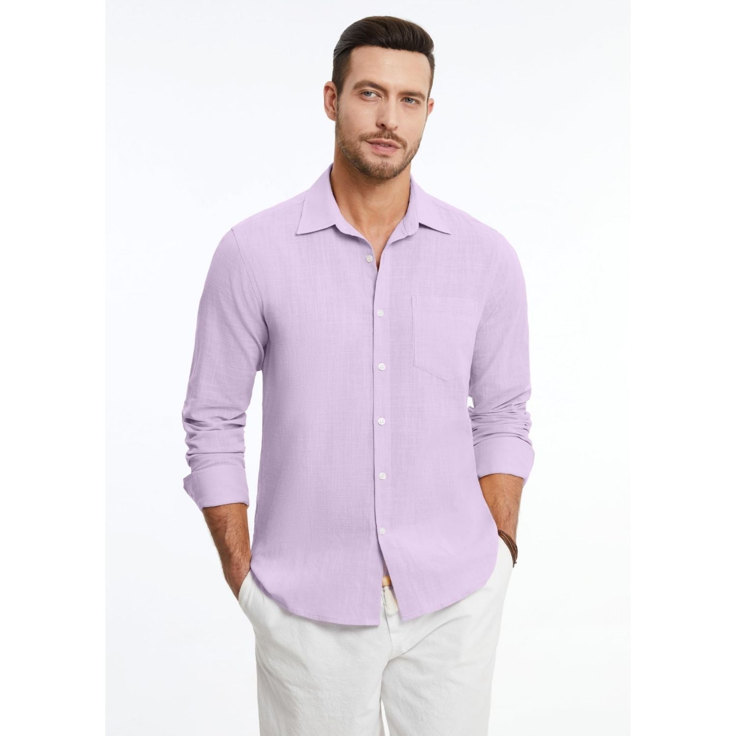 Hisdern Men's Long Sleeve Lavender Casual Linen Shirts for Summer Beach