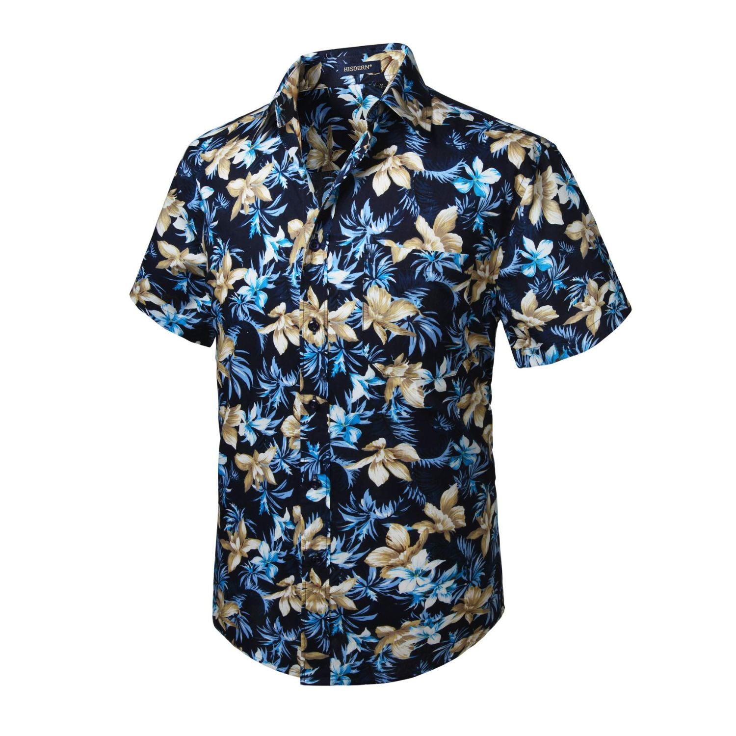 Hisdern Navy Blue Floral Button Up Hawaiian Shirt For Summer Vacation 2XL