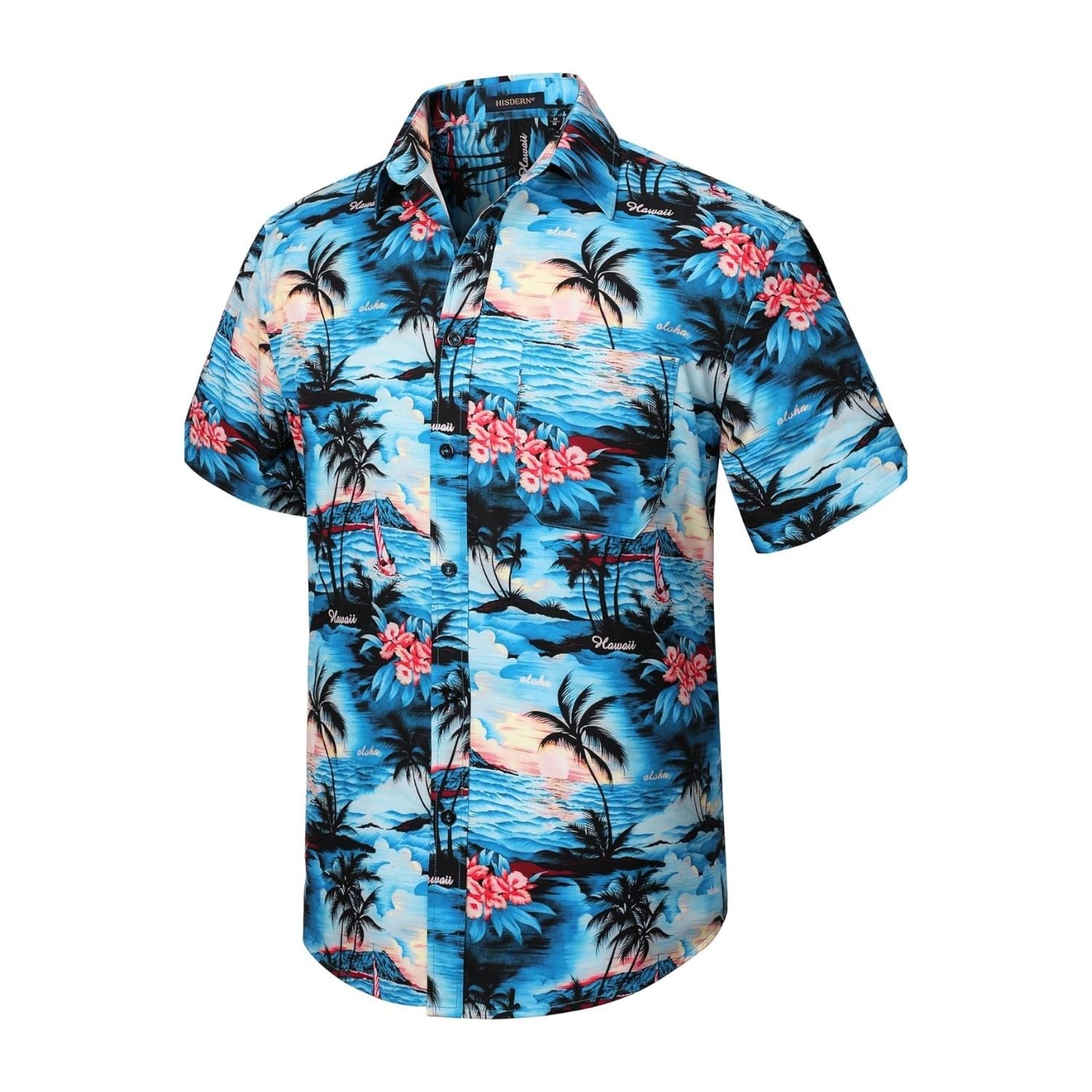 Hisdern Blue Vintage Palm Tree Hawaiian Wedding Shirt