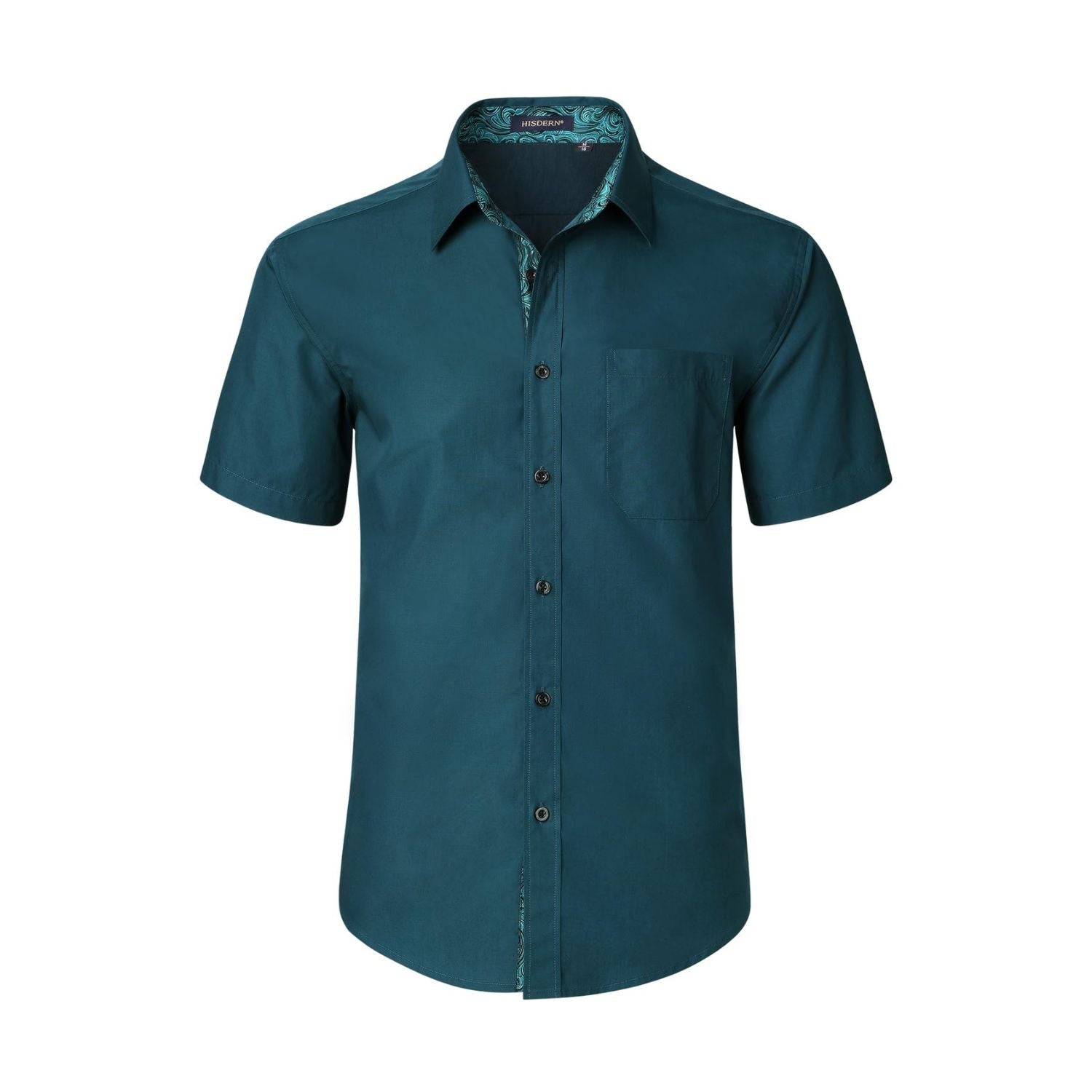 Hisdern Men's Teal Short Sleeve Business Casual Shirt with Splicing XL