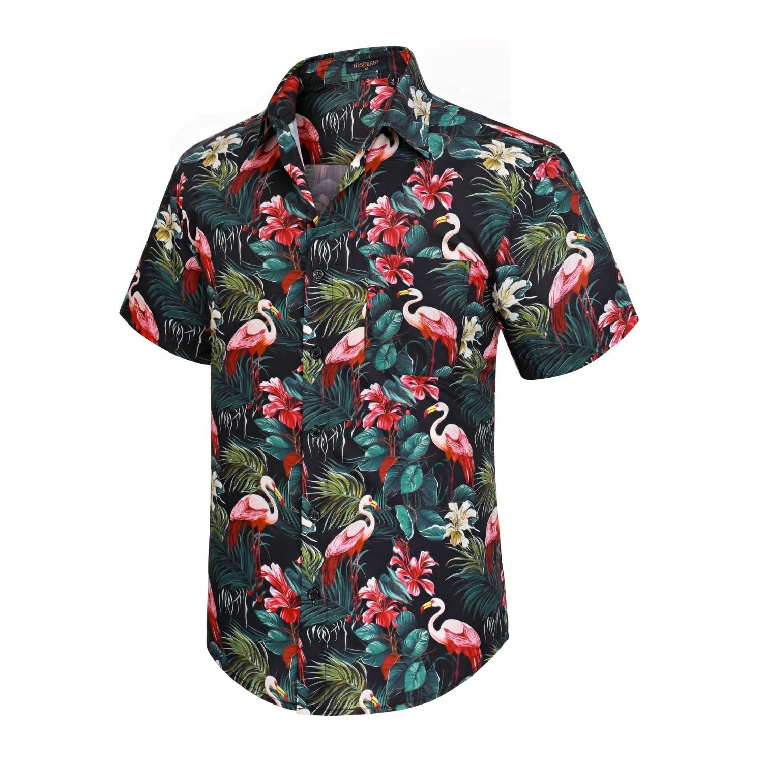 Hisdern Black Flamingo Button Up Hawaiian Shirt For Summer Vacation