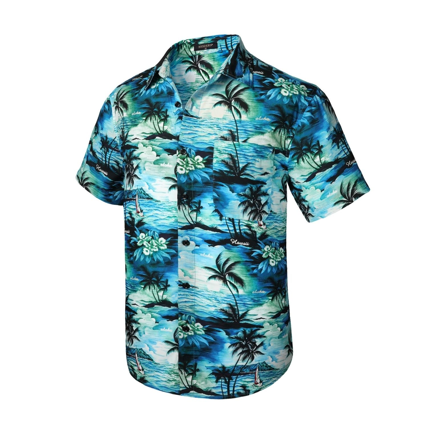 Hisdern Teal Blue Vintage Palm Tree Hawaiian Wedding Shirt