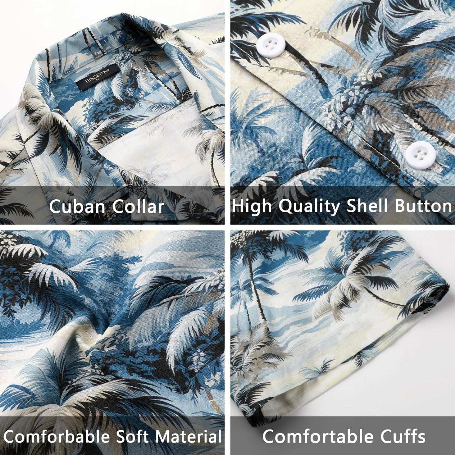Blue White Palm Tree Button Up Hawaiian Shirt For Summer Vacation