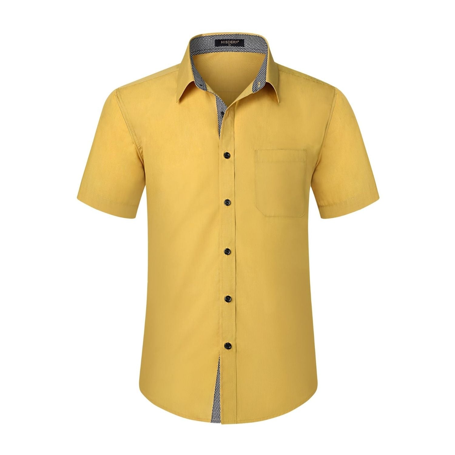 Hisdern Men's Yellow Short Sleeve Business Casual Shirt with Splicing XL
